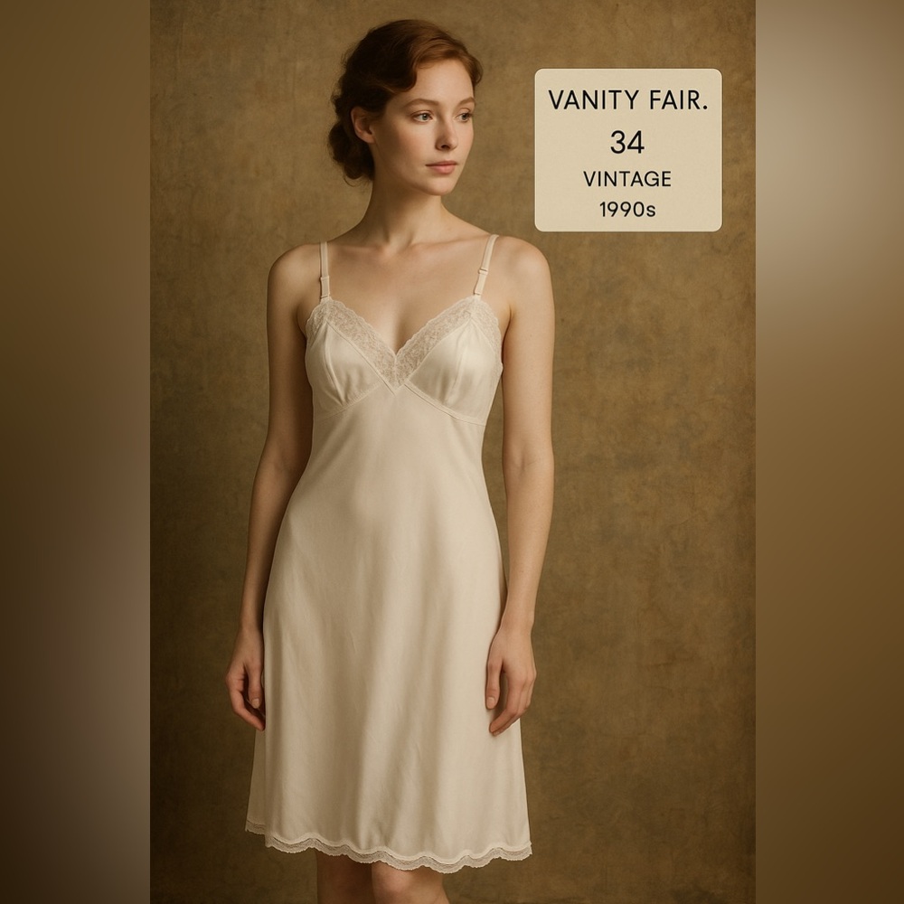 Vintage Vanity Fair Ivory Full Slip 34 Lace Trim Adjustable Straps Nylon 90s